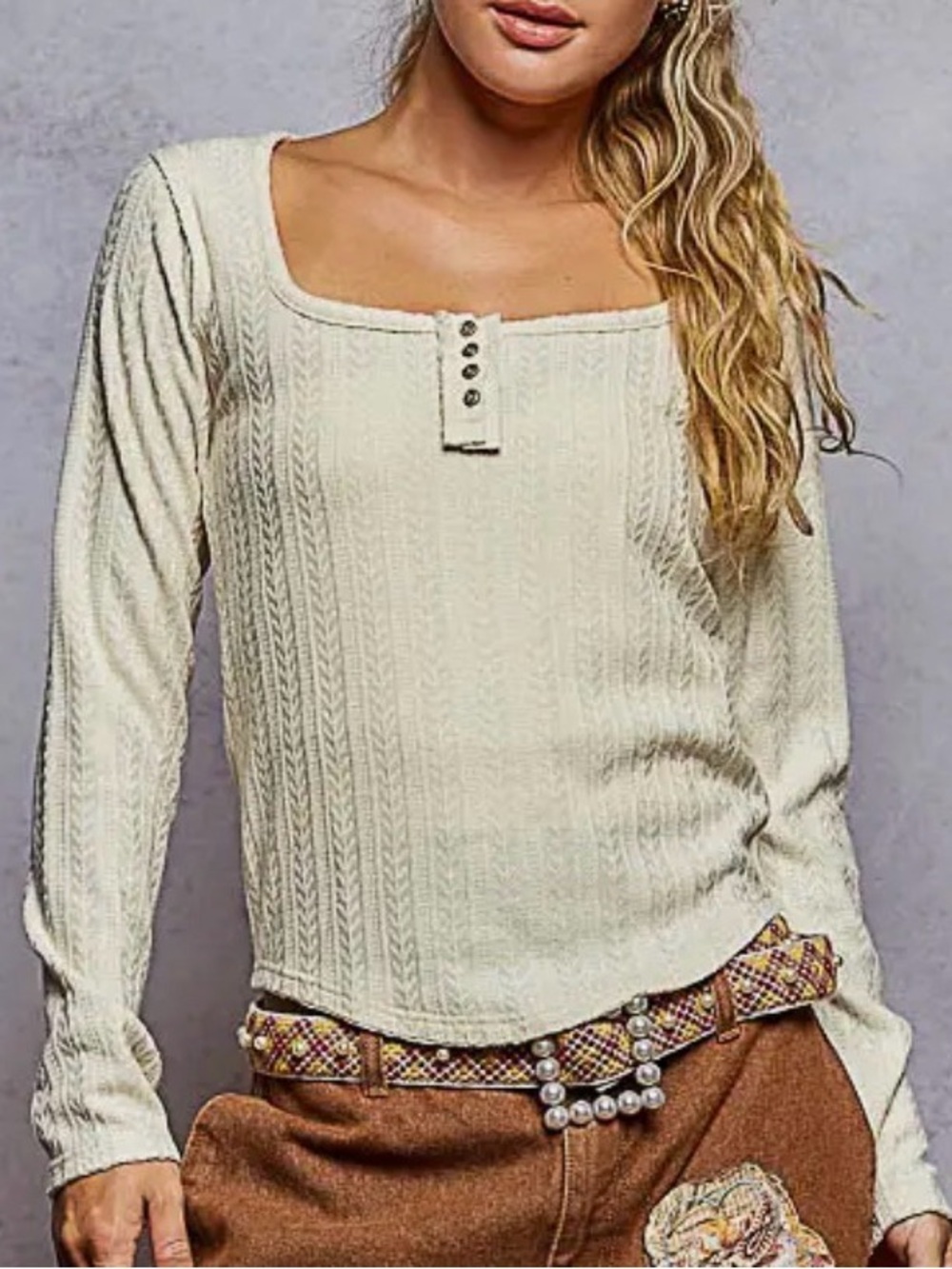 NEW POL : “The Natasha “Cream Cable-Knit Square Neck Long-Sleeve Top